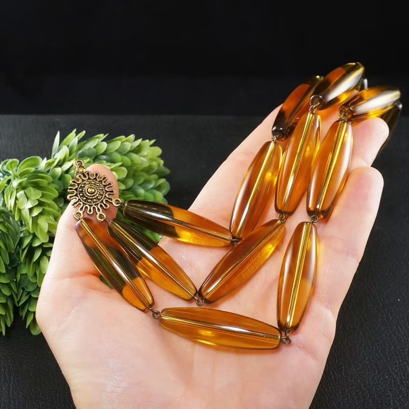 Yellow Glass Necklace Czech Glass Large Beaded Three Strand Necklace Jewelry
