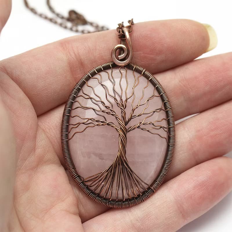 Rose Quartz Necklace Copper Tree Of Life Necklace Pendant Antistress Necklace