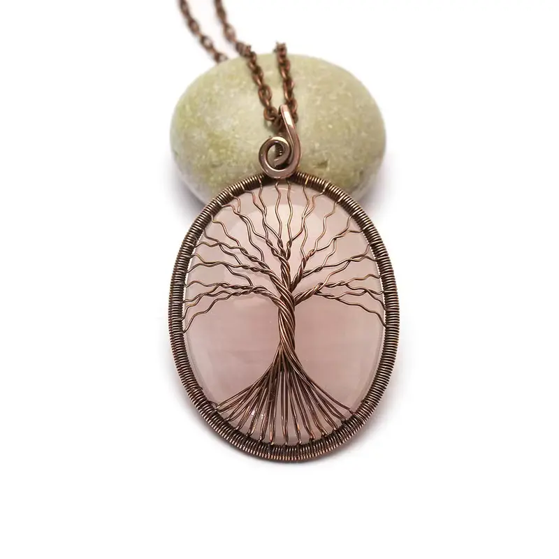 Rose Quartz Necklace Copper Tree Of Life Necklace Pendant Antistress Necklace