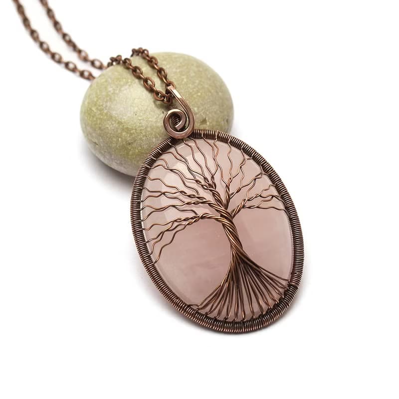 Rose Quartz Necklace Copper Tree Of Life Necklace Pendant Antistress Necklace