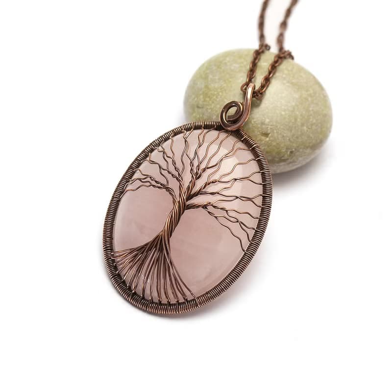 Rose Quartz Necklace Copper Tree Of Life Necklace Pendant Antistress Necklace