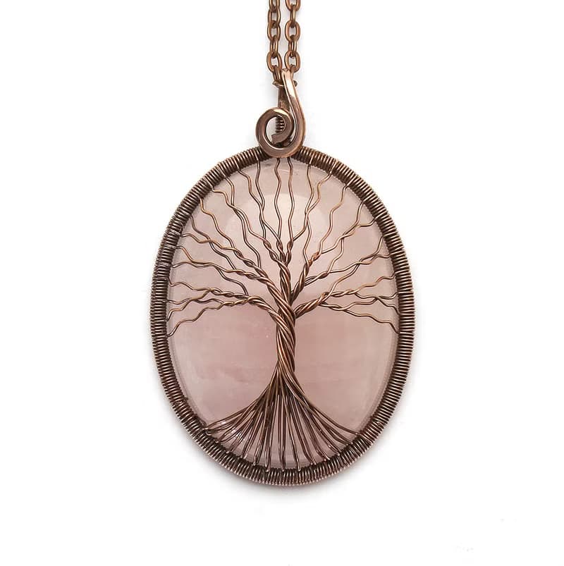 Rose Quartz Necklace Copper Tree Of Life Necklace Pendant Antistress Necklace
