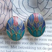 Vintage Jewelry  西洋古董飾品 景泰藍 紫底鬱金香花卉 夾式耳環