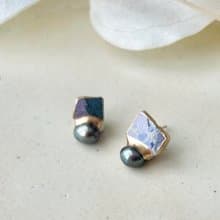 京焼　金継ぎ　サージカルステンレスピアス　紫　絵付け　淡水パール　ブラックピーコック　天然石　 伝統工芸　No.162