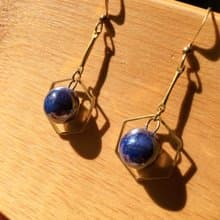 【陶藝家手作】紺藍釉珍珠光 六角銅環 手作白瓷耳環