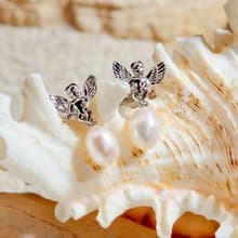 天然白色米型珍珠銀色天使耳環 6–7mm 簡約時尚 情人節禮物