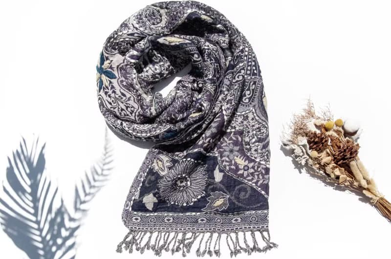 喀什米爾Cashmere/水煮羊毛披肩/針織圍巾/刺繡圍巾/羊絨披巾-花