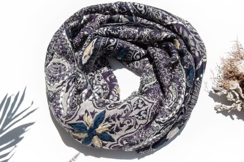 喀什米爾Cashmere/水煮羊毛披肩/針織圍巾/刺繡圍巾/羊絨披巾-花