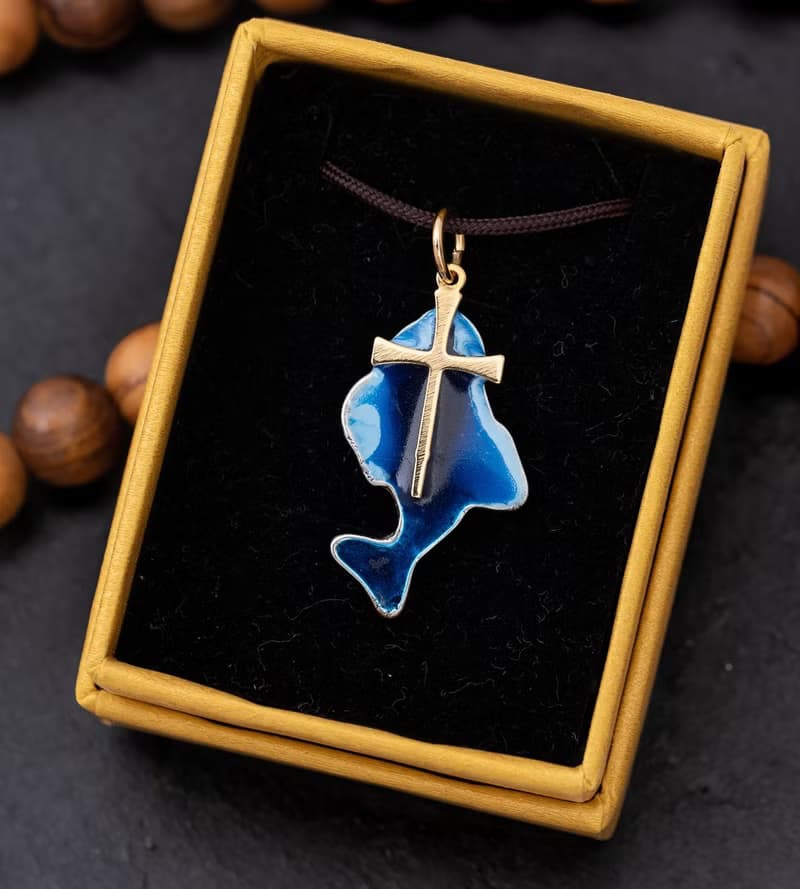 藍色魚形吊墜 24K鍍金十字架 項鍊 墜子 耶穌魚 基督魚 禮品68004