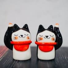 手捏陶瓷 黑白招財貓