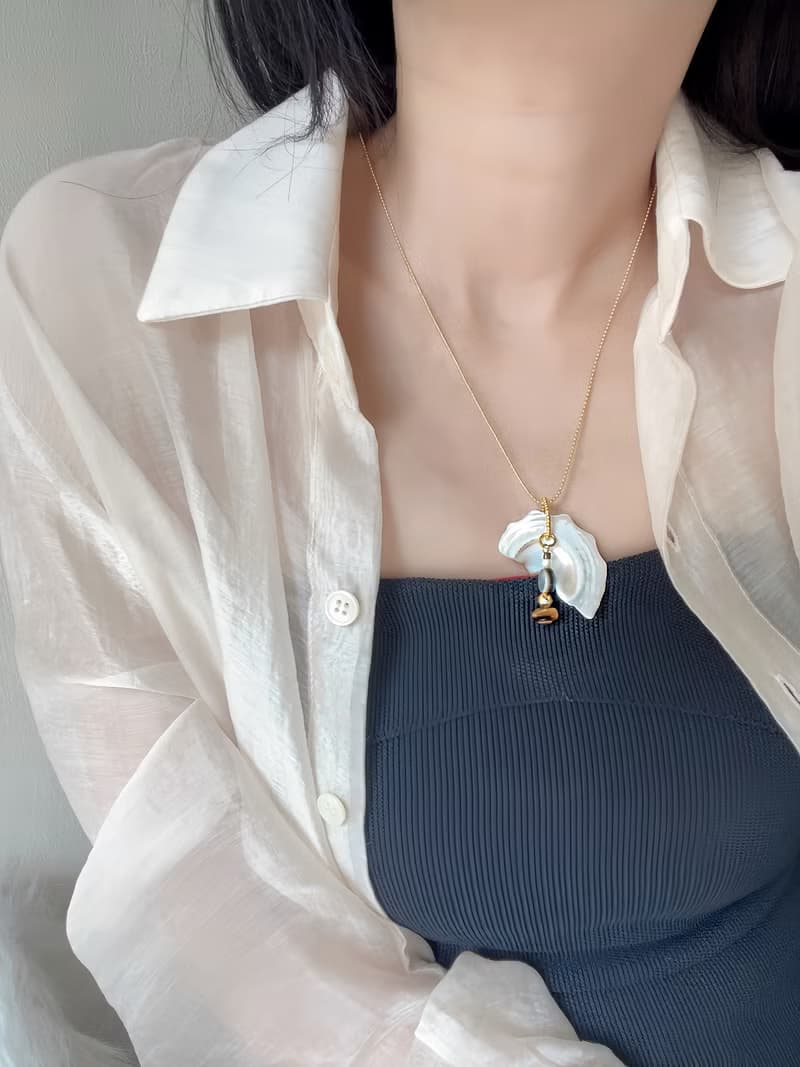 天然白x銀貝殼 兩色x虎眼石x黑瑪瑙 18k 原創手作小眾 串珠項鍊