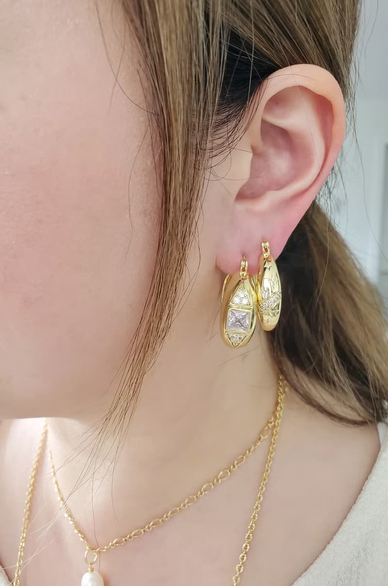 925 純銀耳針鍍14K金耳環 ~ 星星耳環 ~ 鑲鑽耳環 ~ 金色大圈耳環