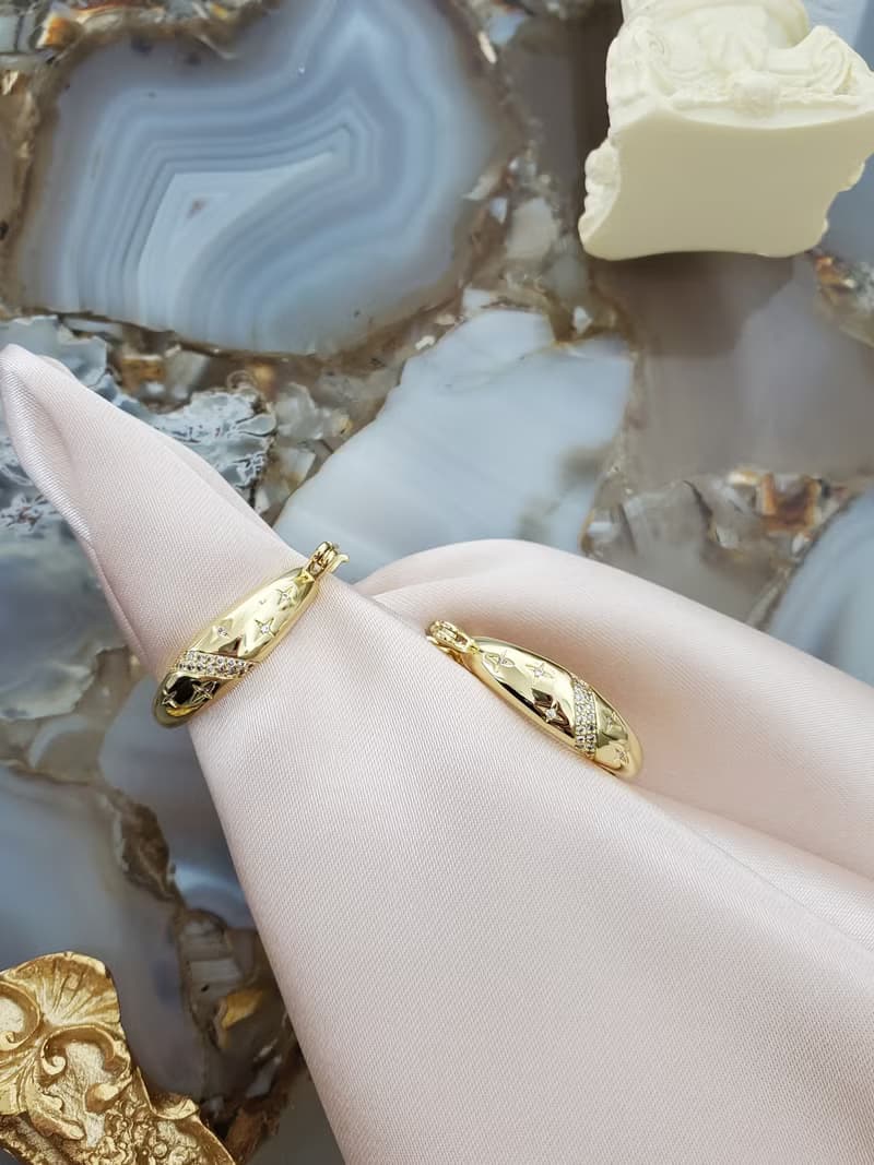 925 純銀耳針鍍14K金耳環 ~ 星星耳環 ~ 鑲鑽耳環 ~ 金色大圈耳環