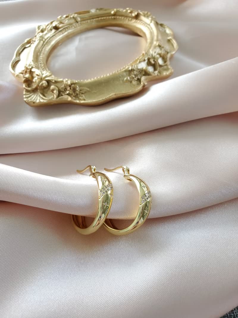 925 純銀耳針鍍14K金耳環 ~ 星星耳環 ~ 鑲鑽耳環 ~ 金色大圈耳環