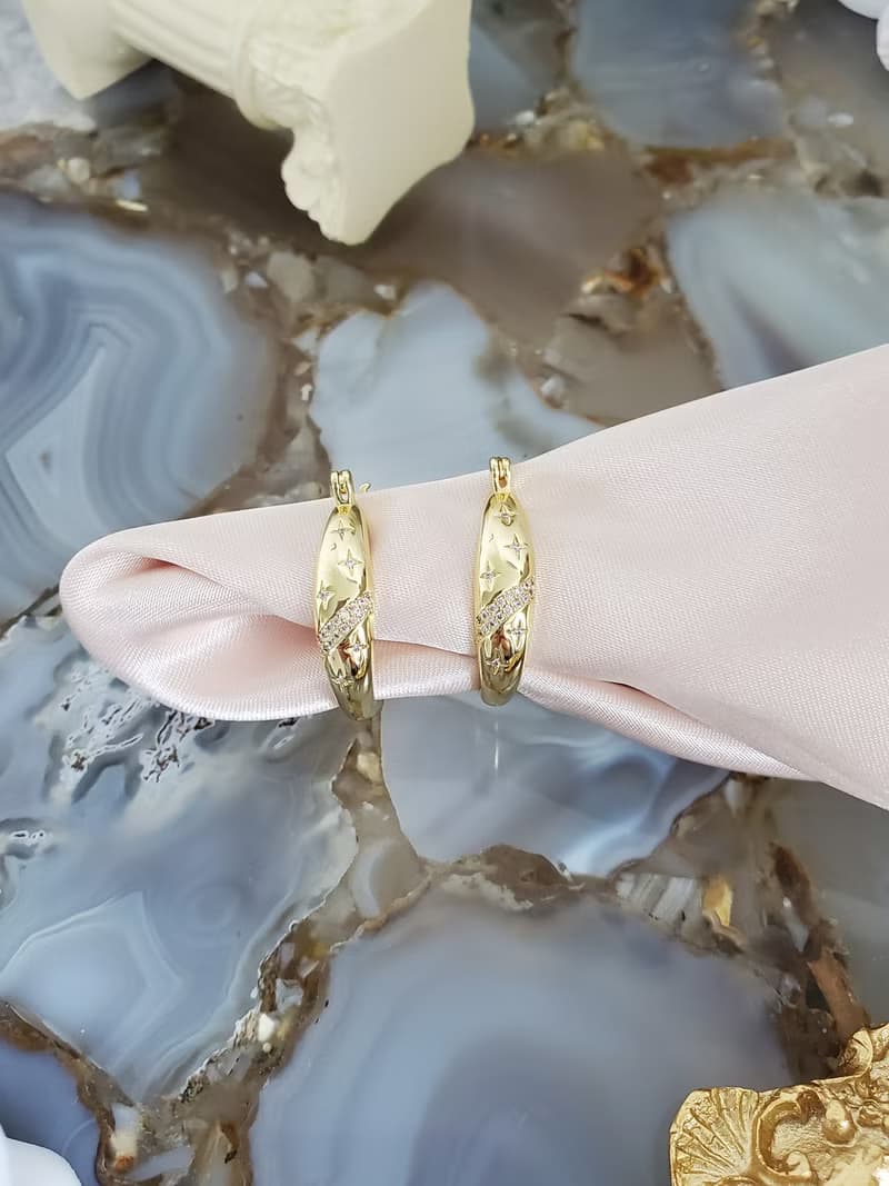 925 純銀耳針鍍14K金耳環 ~ 星星耳環 ~ 鑲鑽耳環 ~ 金色大圈耳環