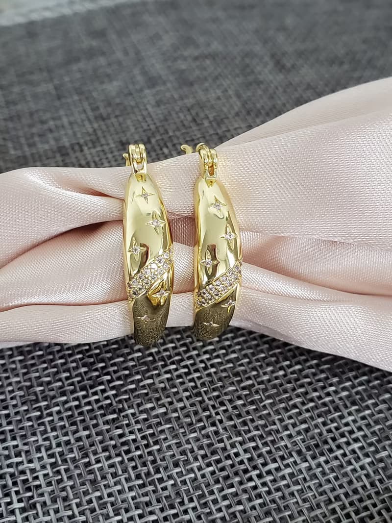 925 純銀耳針鍍14K金耳環 ~ 星星耳環 ~ 鑲鑽耳環 ~ 金色大圈耳環