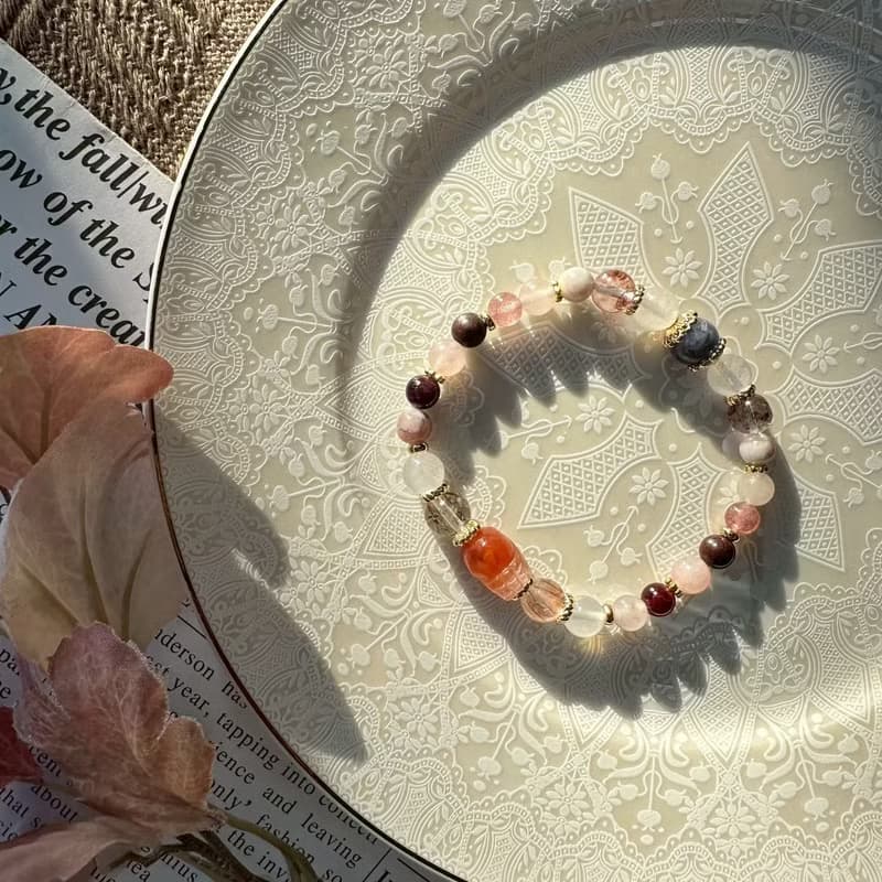 粉紫霧紅兔毛貔貅彈性手鍊