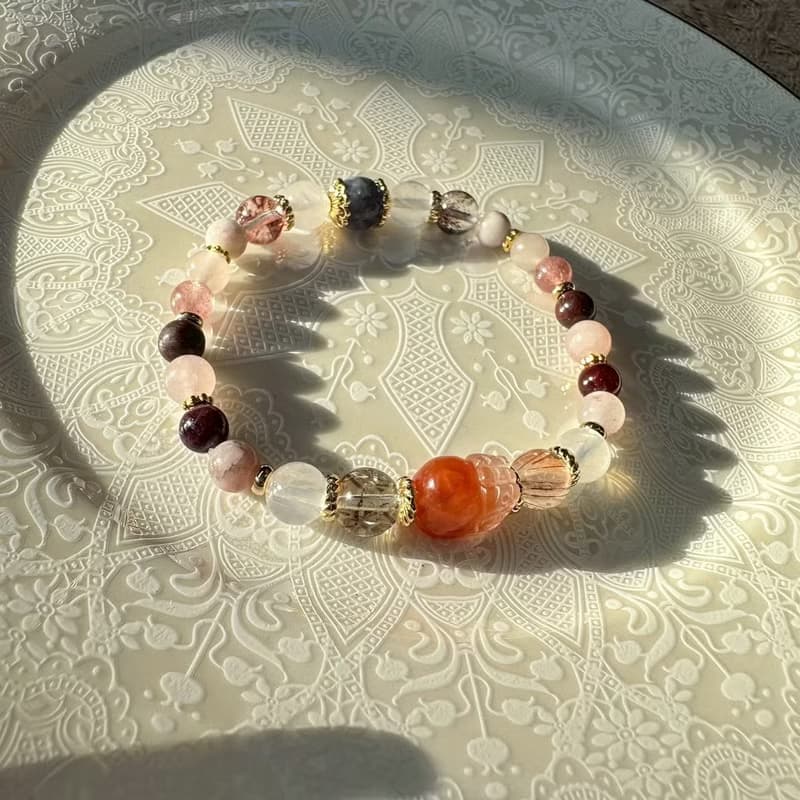 粉紫霧紅兔毛貔貅彈性手鍊