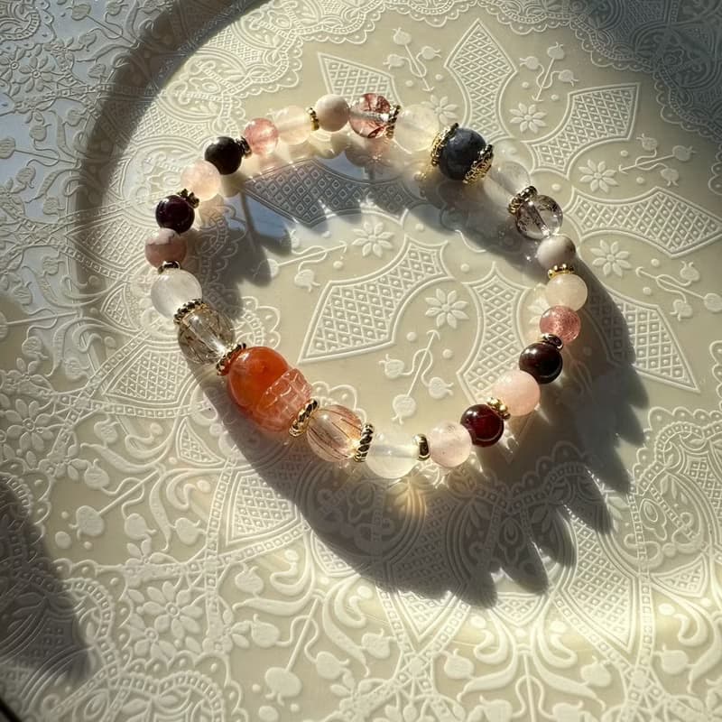 粉紫霧紅兔毛貔貅彈性手鍊