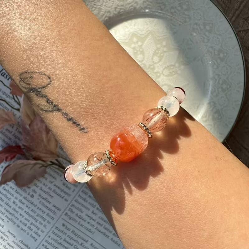 粉紫霧紅兔毛貔貅彈性手鍊