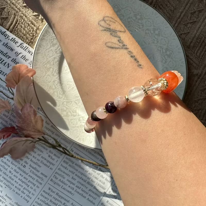 粉紫霧紅兔毛貔貅彈性手鍊