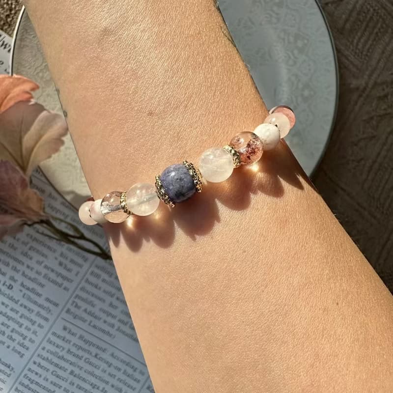 粉紫霧紅兔毛貔貅彈性手鍊