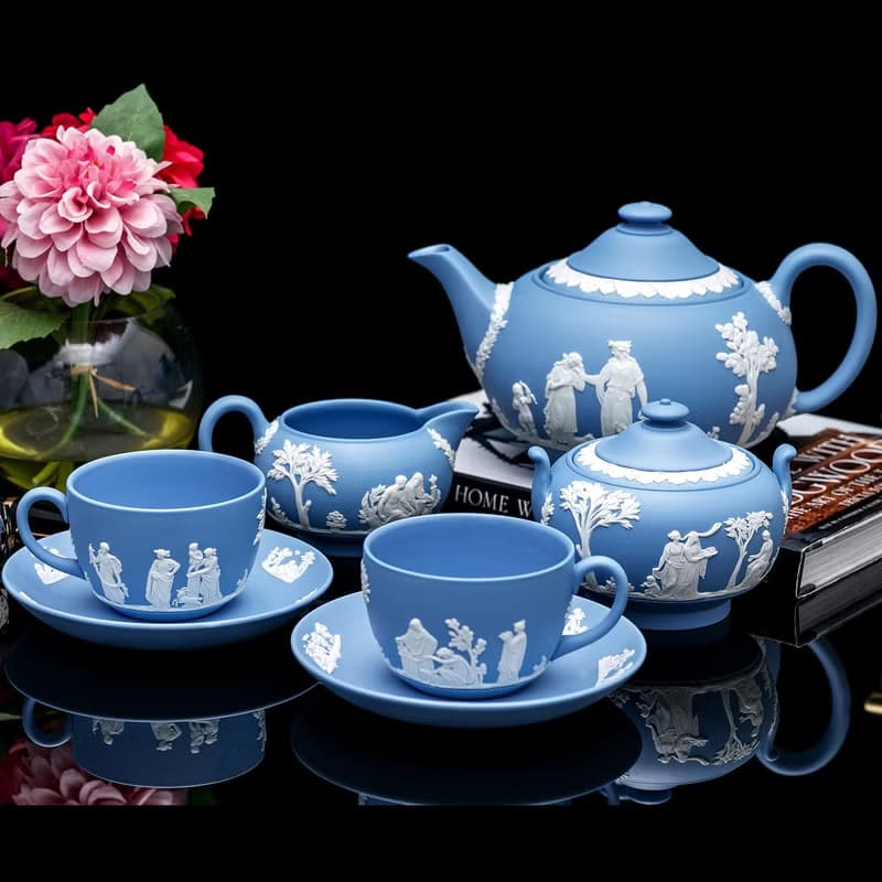 經典工藝Wedgwood 碧玉浮雕茶具七件套 英式下午茶 內上釉