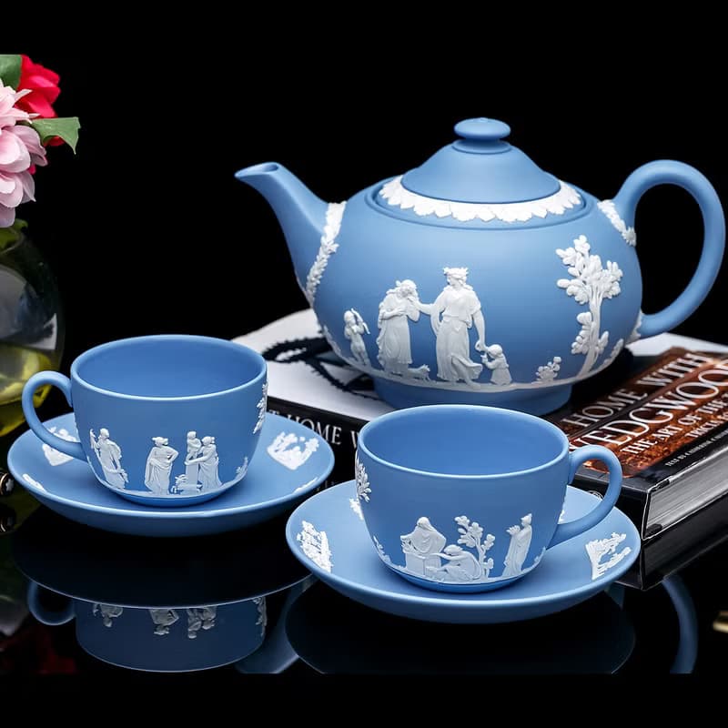 經典工藝Wedgwood 碧玉浮雕茶具七件套 英式下午茶 內上釉