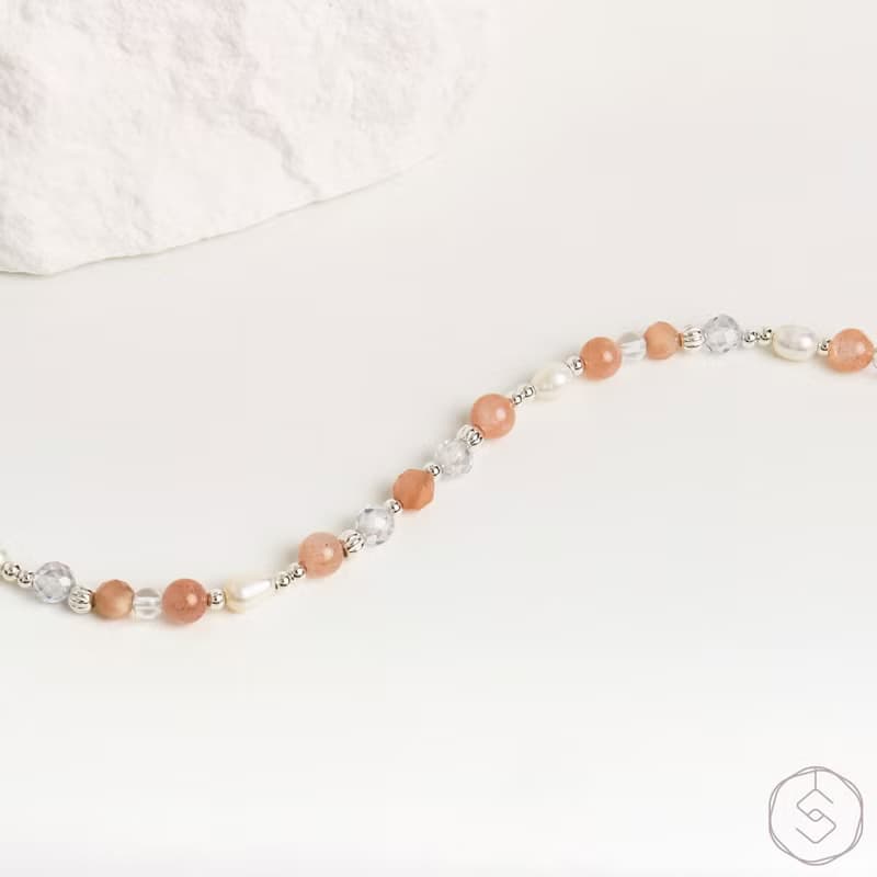 曙光 | 太陽石 淡水珍珠 白水晶 S925純銀 | 天然水晶手鍊