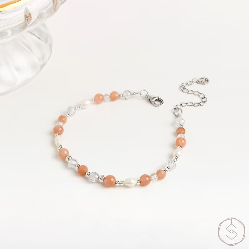 曙光 | 太陽石 淡水珍珠 白水晶 S925純銀 | 天然水晶手鍊