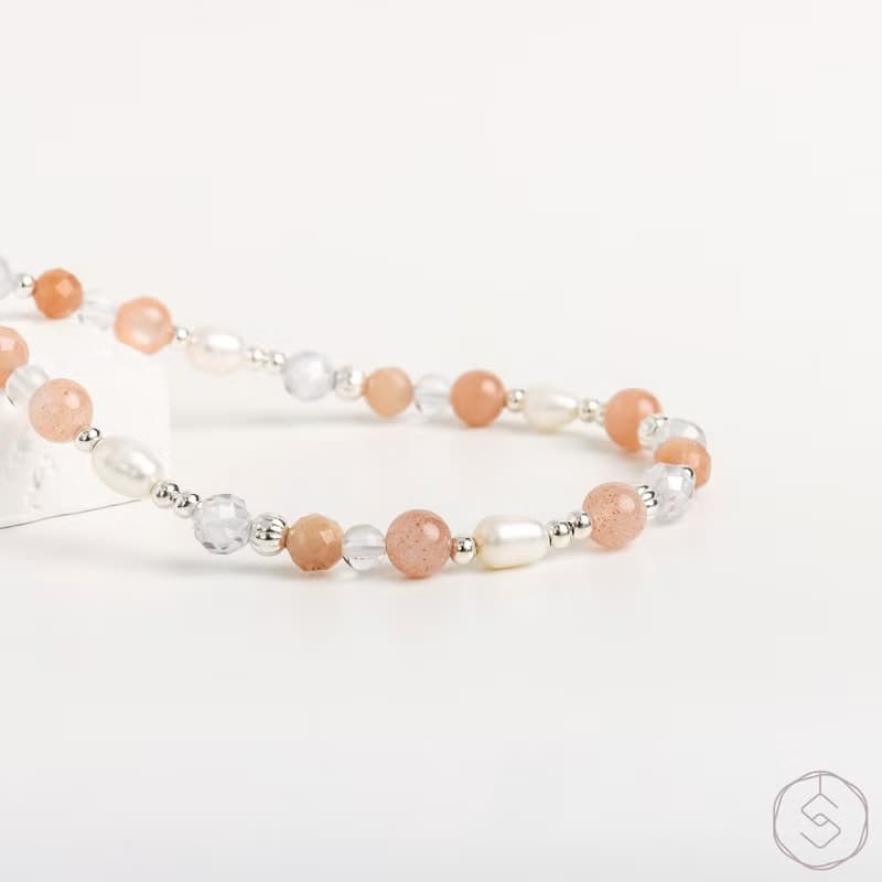 曙光 | 太陽石 淡水珍珠 白水晶 S925純銀 | 天然水晶手鍊