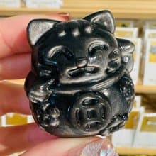 天然銀曜石招財貓貓擺件消磁盤擋煞避邪辦公室必備避職場小人