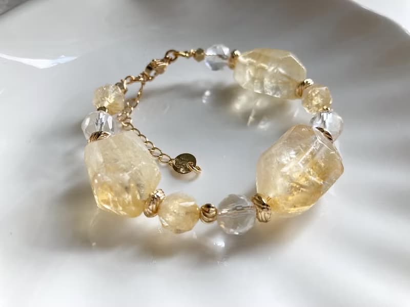 天然水晶 招財大顆原石黃水晶配阿賽斯特萊 白水晶手鍊