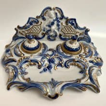 古董瓷器墨水瓶法國 20 世紀初浮雕金色點綴手繪