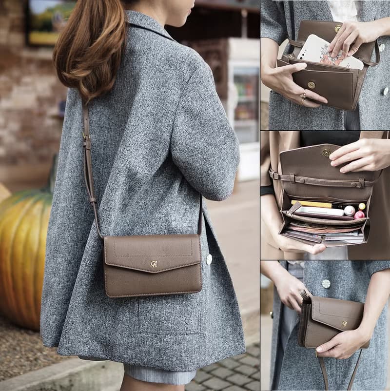 Irene(Cedar): Multi-function bag, clutch, long wallet, mini crossbody,Brown-grey