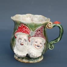 Art mug Mushroom Gnome Forest Witch Green scenic Cup decor Face relief mug