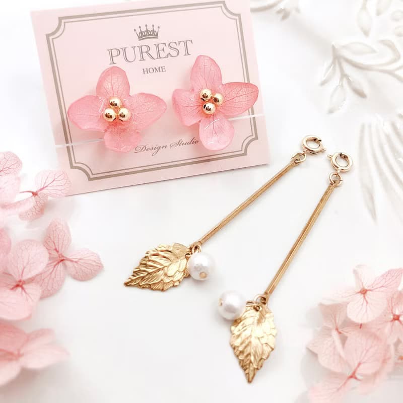 PUREST HOME 粉繡球女神の棉珍珠不凋花(可拆式)垂墜耳環/附禮盒