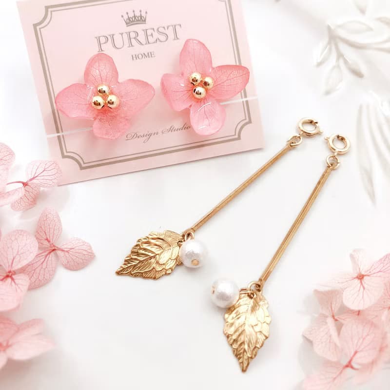 PUREST HOME 粉繡球女神の棉珍珠不凋花(可拆式)垂墜耳環/附禮盒