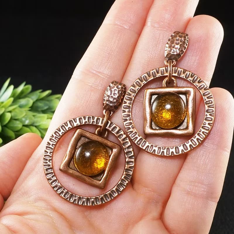Yellow Glass Copper Earrings Geometric Square Round Statement Earrings Jewelry