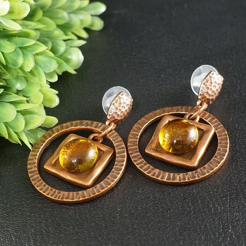 Yellow Glass Copper Earrings Geometric Square Round Statement Earrings Jewelry