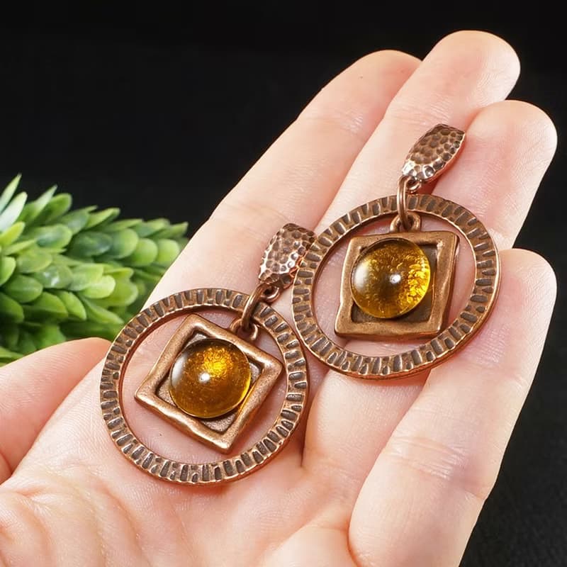 Yellow Glass Copper Earrings Geometric Square Round Statement Earrings Jewelry
