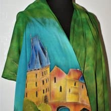 Green hand painted scarf with Prague Cotton scarf batik Large cotton scarf shawl