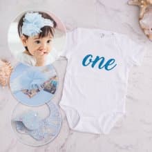 新生兒週歲送禮限定- 藍色海洋  ONE純棉包屁衣 圍兜兜 頭飾禮盒