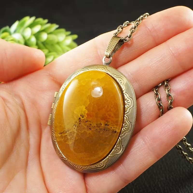 Yellow Agate Locket Necklace Mustard Yellow Stone Keepsake Pendant Necklace Gift