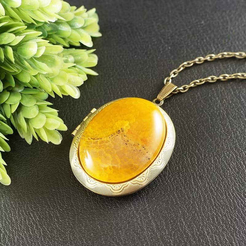Yellow Agate Locket Necklace Mustard Yellow Stone Keepsake Pendant Necklace Gift