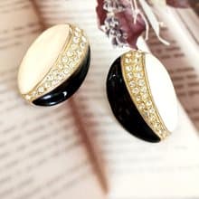 vintage jewelry  時尚黑白琺瑯萊茵帶鑽 夾式耳環