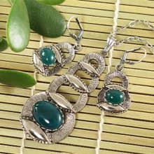 Necklace and Earrings Dark Green Agate Silver Jewelry Set Pendant and Earrings