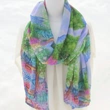 二週間【Melting snow forest/blue】水彩画　シフォンストール　アートスカーフ　ショール　鹿　山　おしゃれファッション　花柄　植物　贈り物