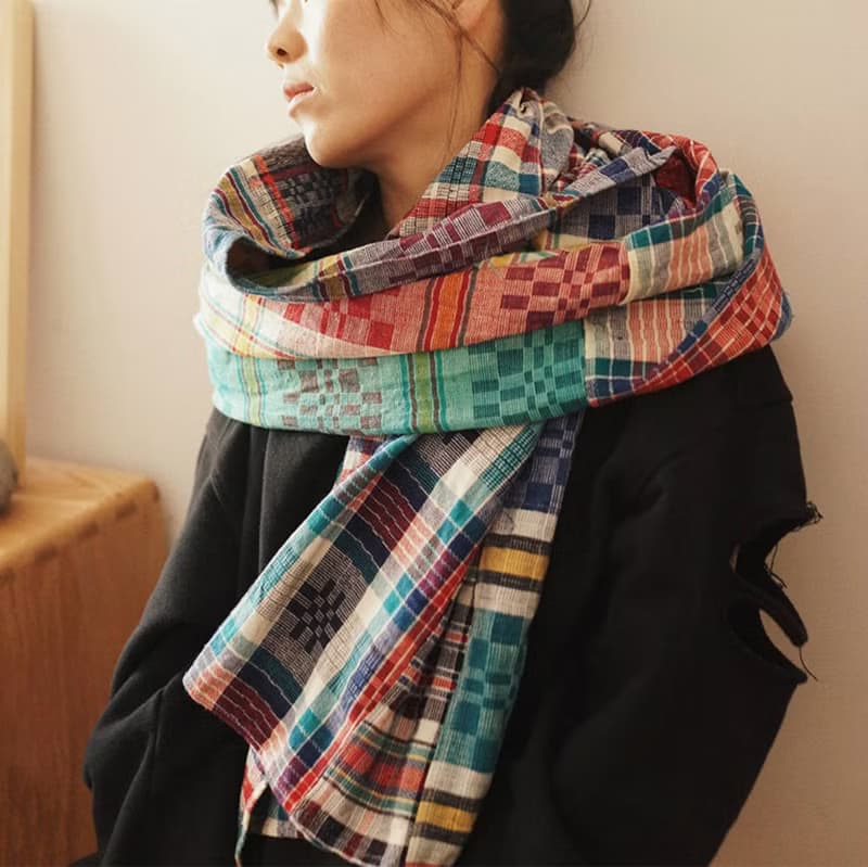 紅色彩格 上海手織布大尺寸秋冬圍巾 彩色織布棉質男女中性披肩