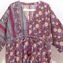 女裝木刻印純棉洋裝 印度棉有機棉連衣裙 手工蓋印連身裙-粉花朵